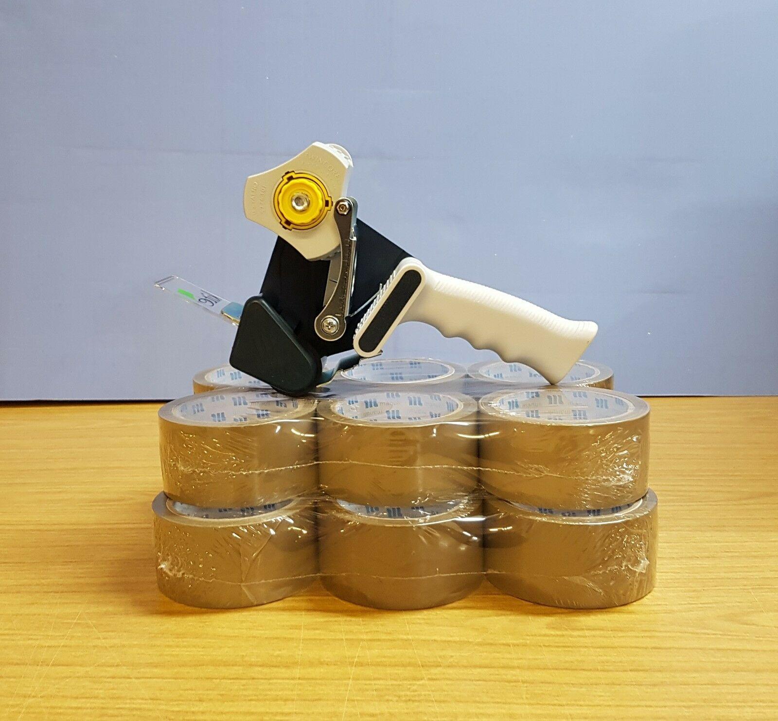 PREMIUM QUALITY PACKAGING TAPE GUN + 12 ROLLS OF BROWN PACKING TAPE
